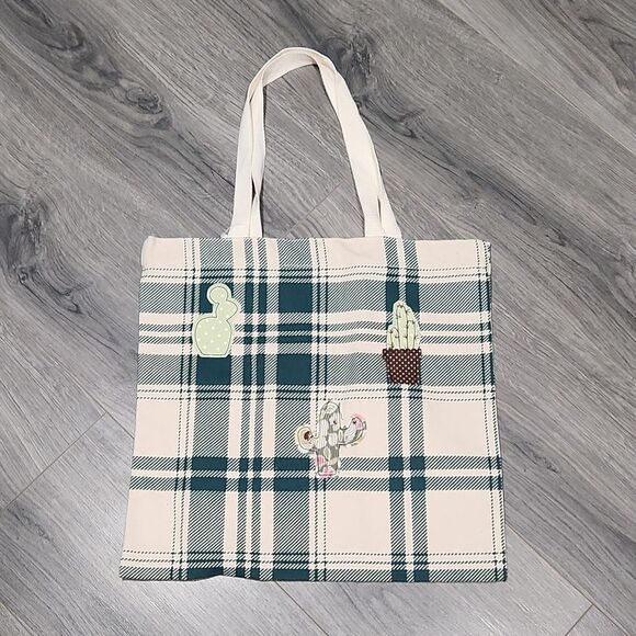 NWT Green Plaid Cactus Cotton Bookbag Tote - Picture 1 of 7